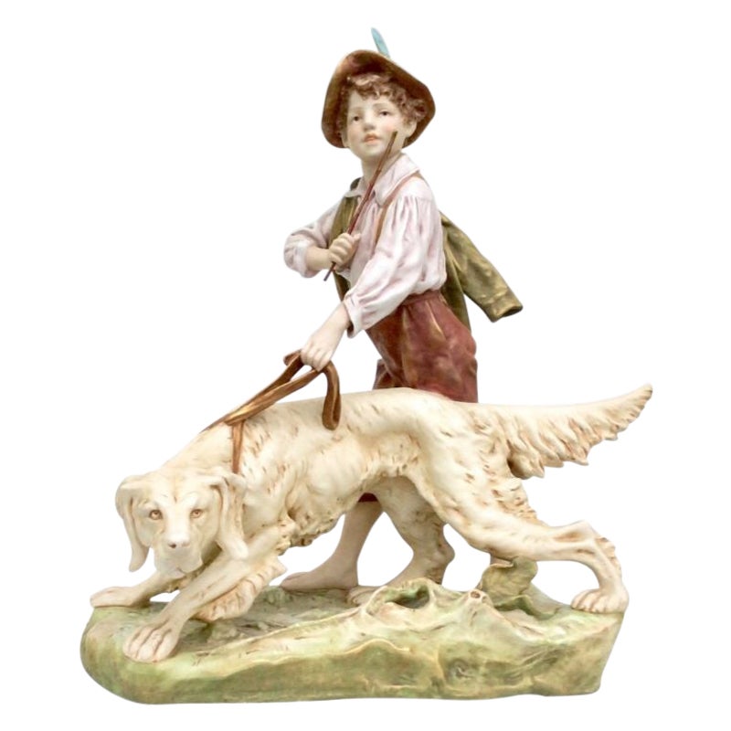 Stunning Large Royal Dux Figurine of Boy and Dog For Sale