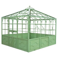 1990s French Square Iron Garden Greenhouse Painted Green w/ One Door