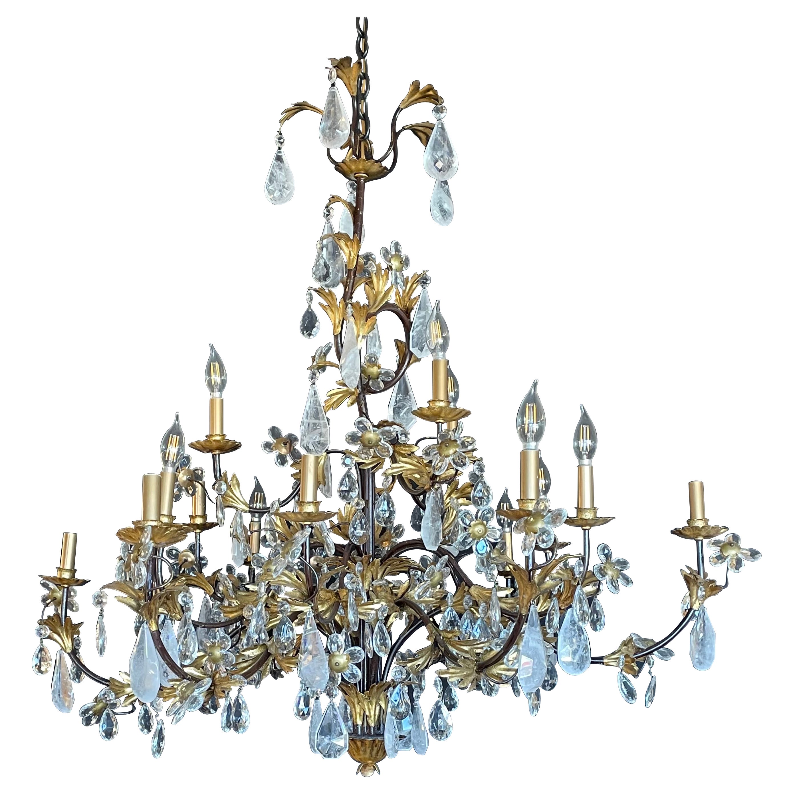 Louis XVi Style Rock Crystal Chandelier, Ebony and Gilt Metal Design For Sale
