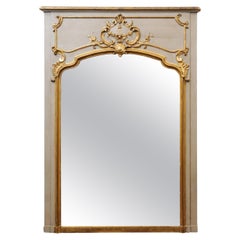 Louis XVI Style Green Painted & Parcel Gilt Trumeau Mirror, France ca. 1920