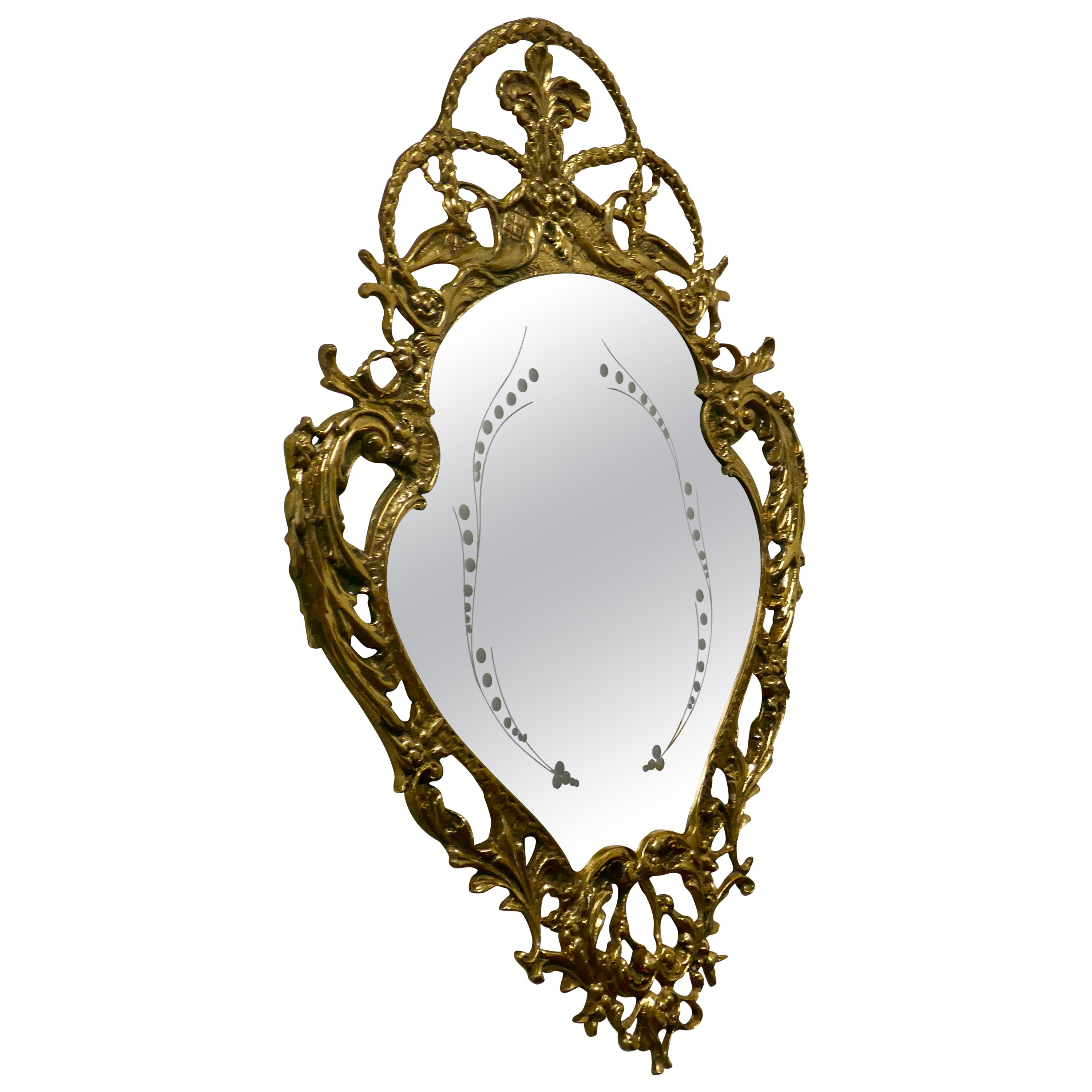 Unusual Brass Filigree Mirror with Etched Glass Pattern For Sale