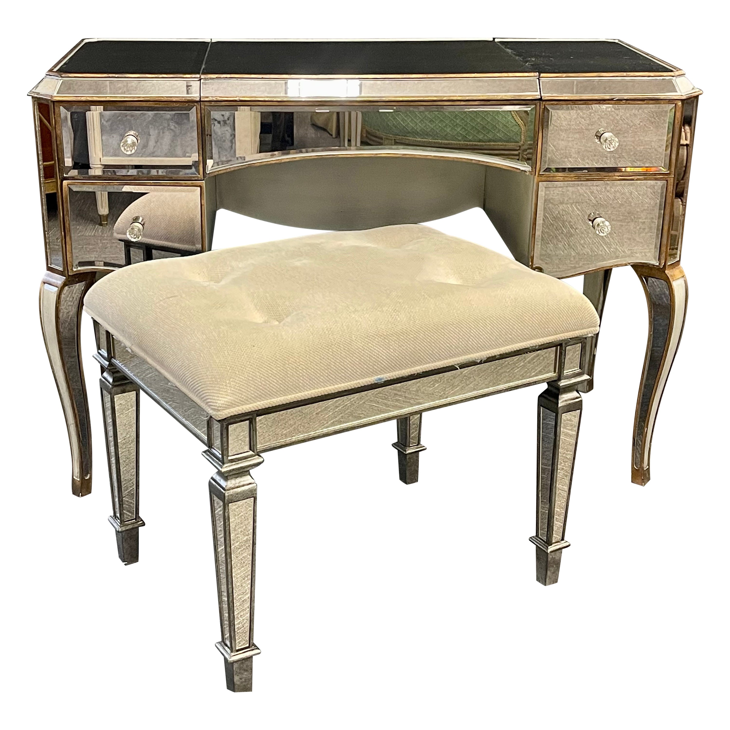 Hollywood Regency Style Mirrored Vanity / Desk and Bench
