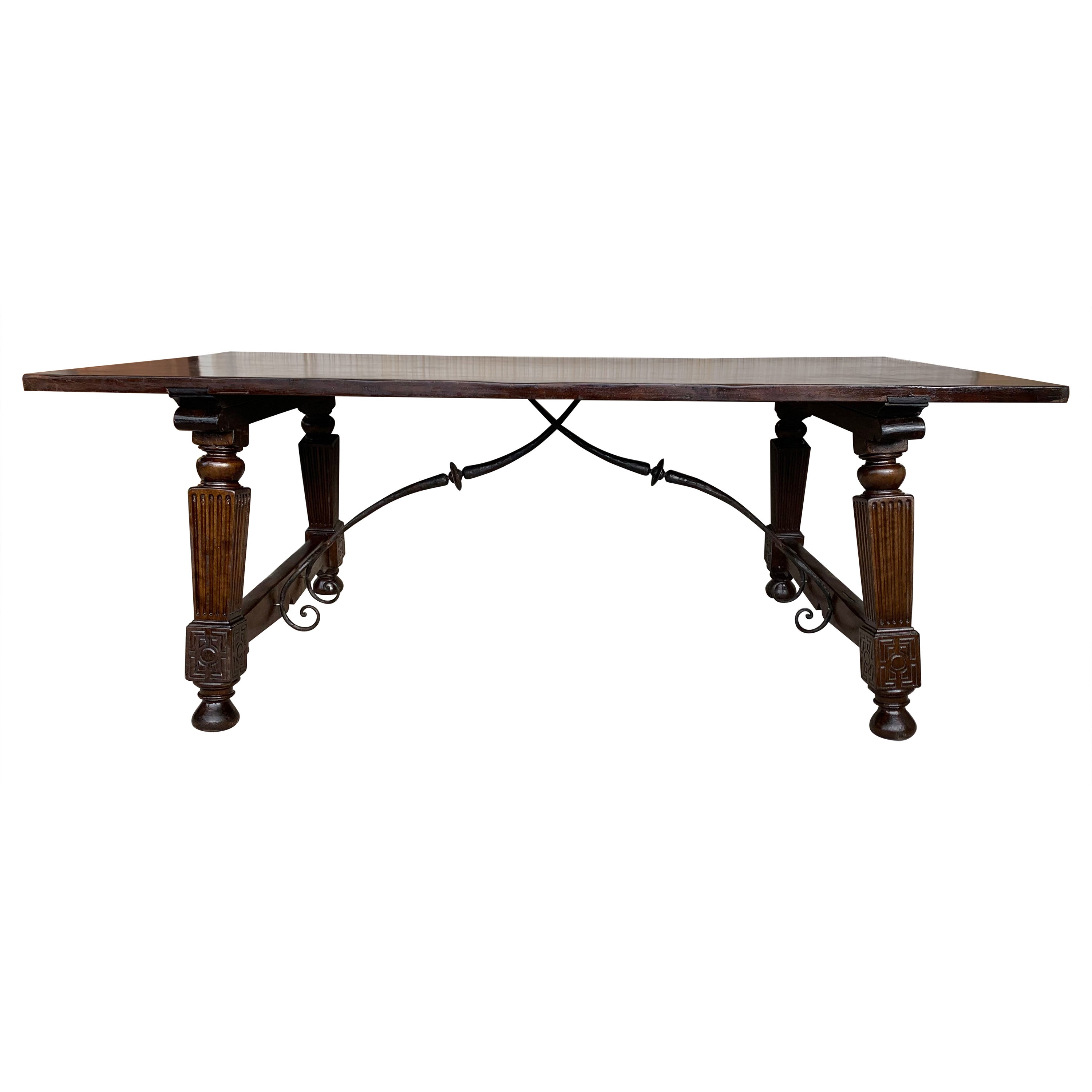 Late 19th Spanish Walnut Dining Fratino Table with Iron Stretcher