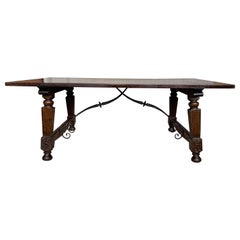 Antique Late 19th Spanish Walnut Dining Fratino Table with Iron Stretcher