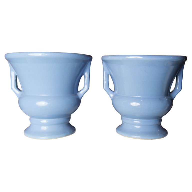 Pair of Zanesville Blue Pottery Urns For Sale