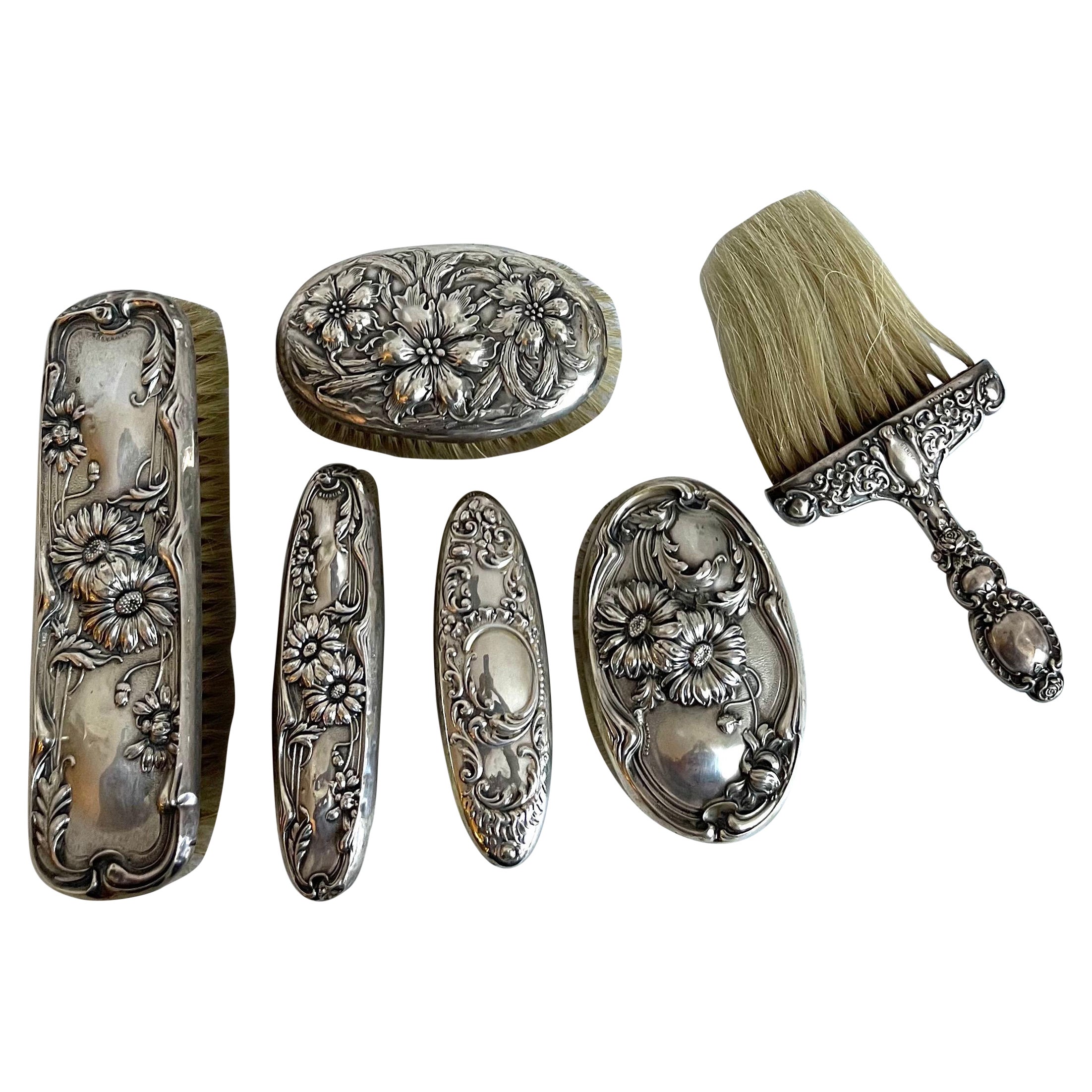 Art Nouveau Sterling Vanity Brushes, Set of 6