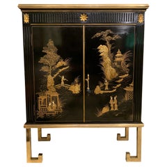 Black Lacquered Chinese Cabinet with Gilt Hand Painted Motifs, Early 1900