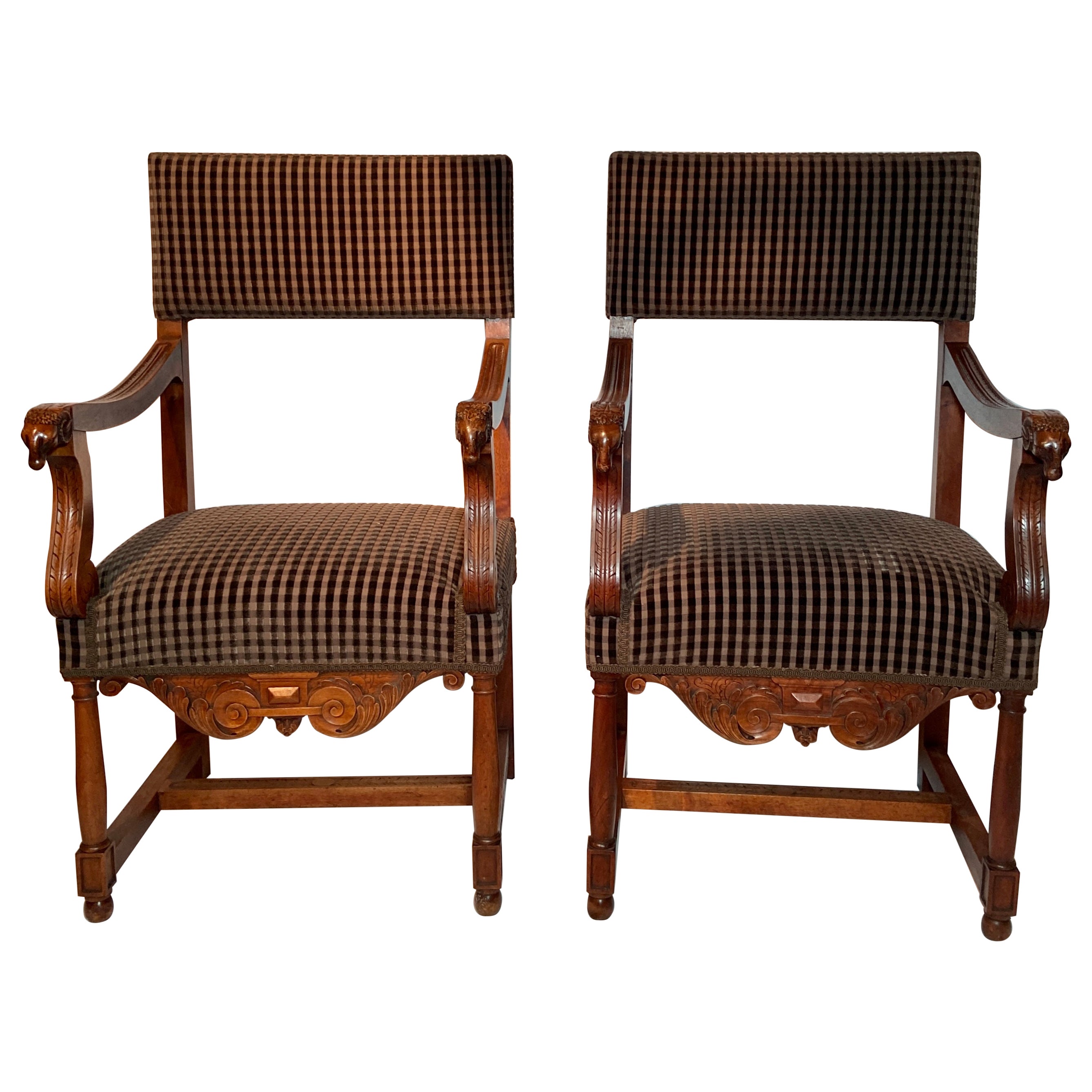 Pair Antique French Country Carved Walnut Arm Chairs, circa 1800s