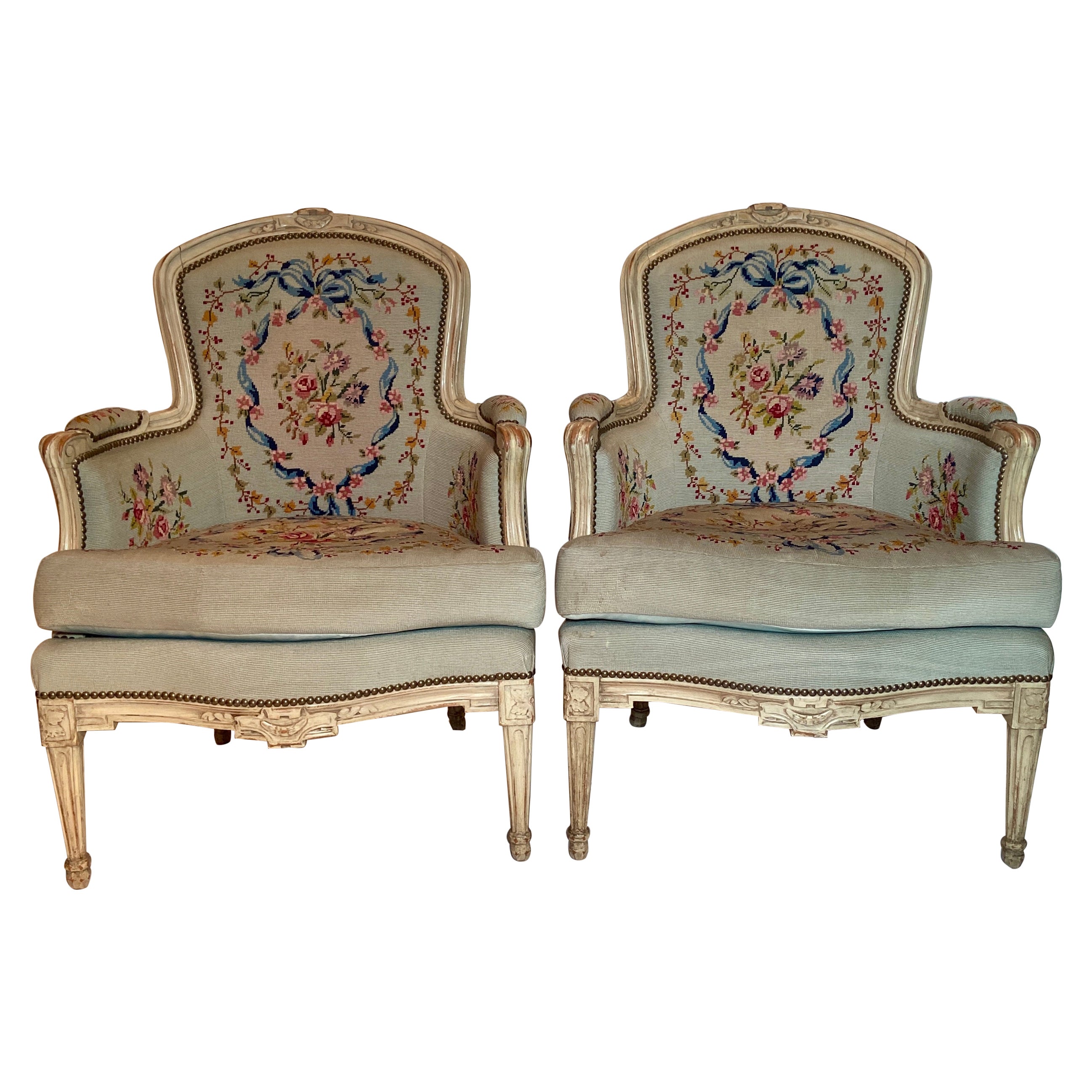 Pair Antique French Painted Carved Walnut & Needlepoint Upholstered Armchairs