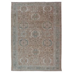 Vintage Persian Heriz Rug with All-Over Medallion Design in Tan and Blues