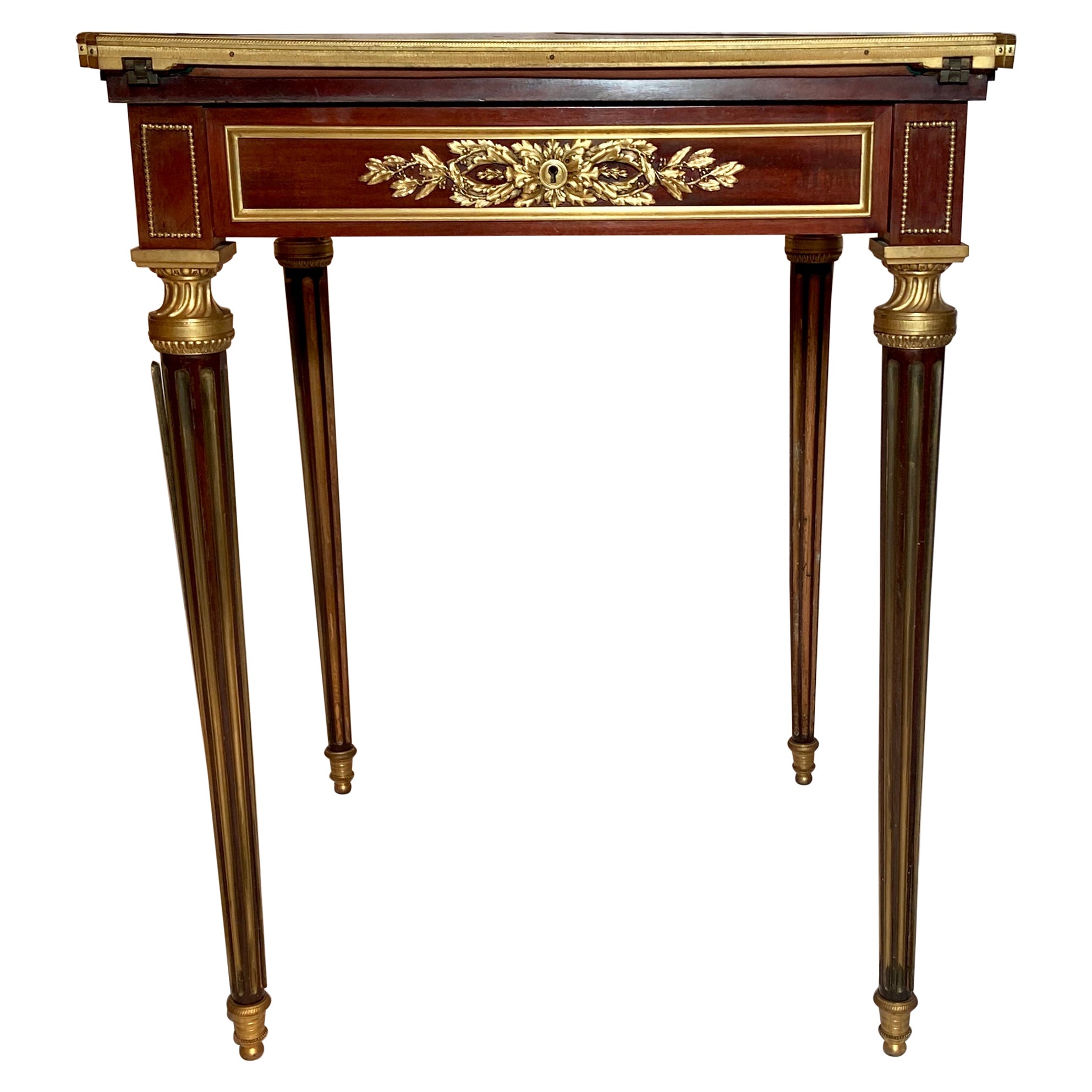 Ancienne table à cartes française en acajou et bronze doré signée Sormani, vers 1870