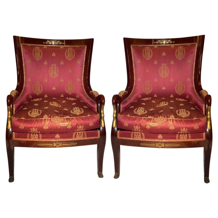 Pair Antique French Empire Ormolu Mounted Mahogany Bergere Armchairs, Circa 1890 For Sale
