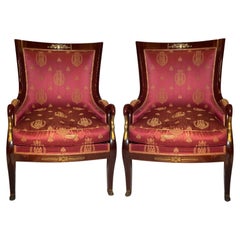 Pair Antique French Empire Ormolu Mounted Mahogany Bergere Armchairs, Circa 1890
