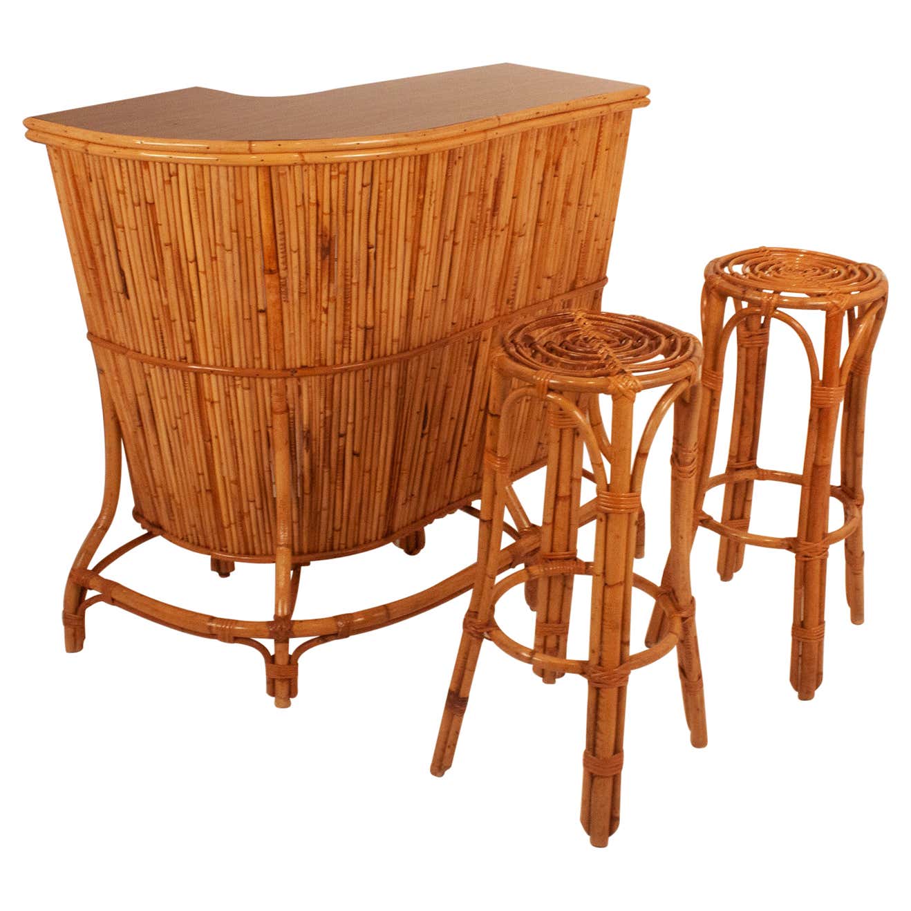 Mid-Century Bamboo Cocktail Bar and Two Stools, Spain, 1960's For Sale ...