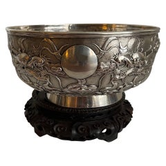 Chinese Export Silver Dragon Bowl on Stand