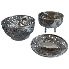 Antique Chinese Export Silver Dragon Bowls, Set of 3