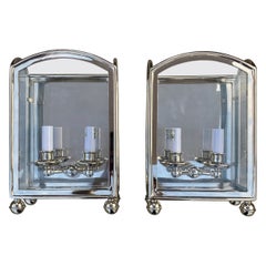 Classic Modern Arched Mirrored Lantern Wall Sconces by Chapman, Pair 