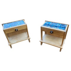 Guillerme et Chambron, Two Oak and Ceramic Nightstand circa 1970