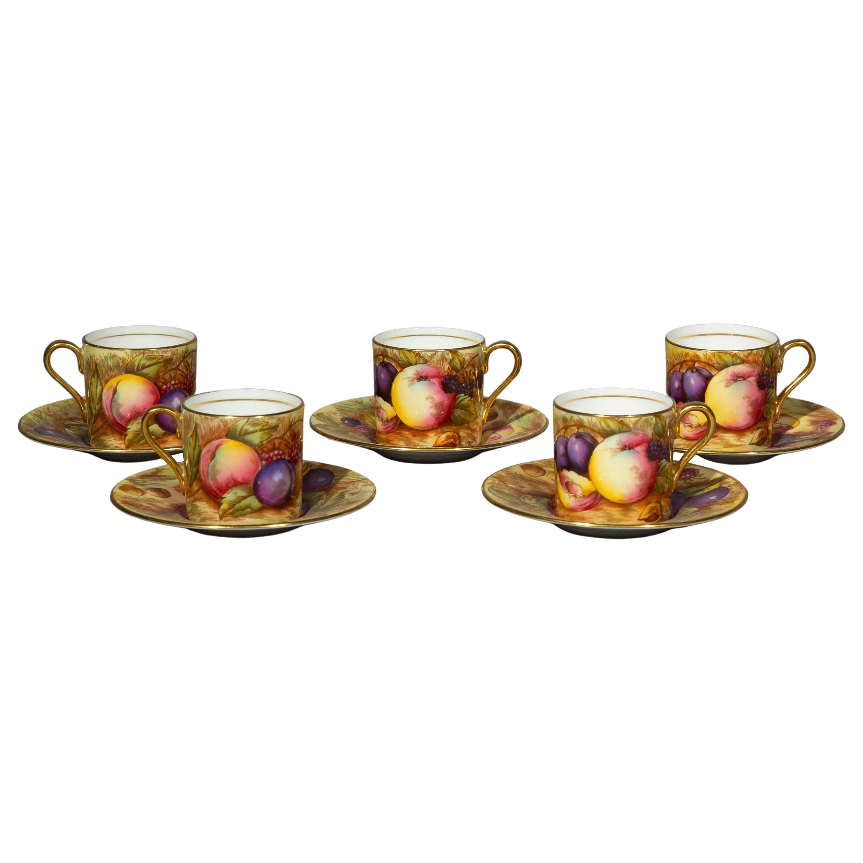 Set di cinque tazze e piattini da caffè dipinti in porcellana Aynsley, firmati N.Brunt
