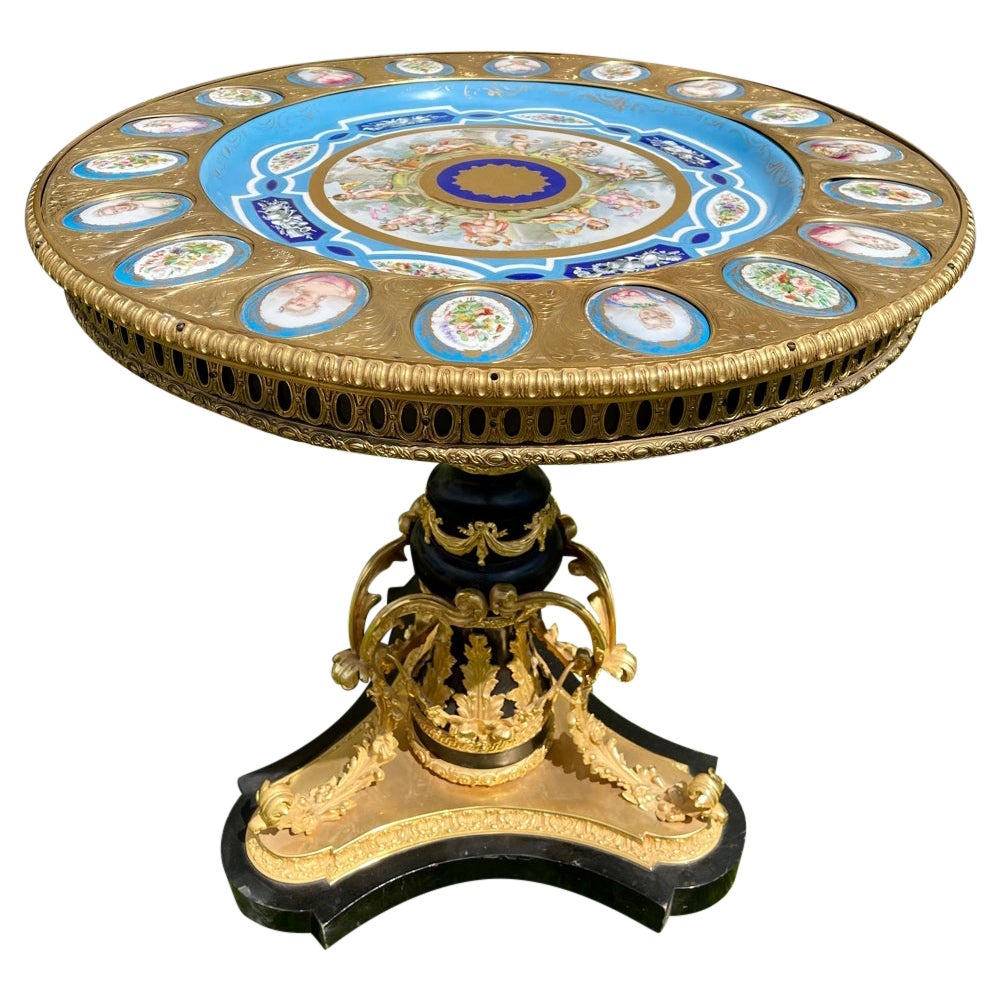 Louis XVI Style Pedestal Table with Porcelain Plates, 19th Century