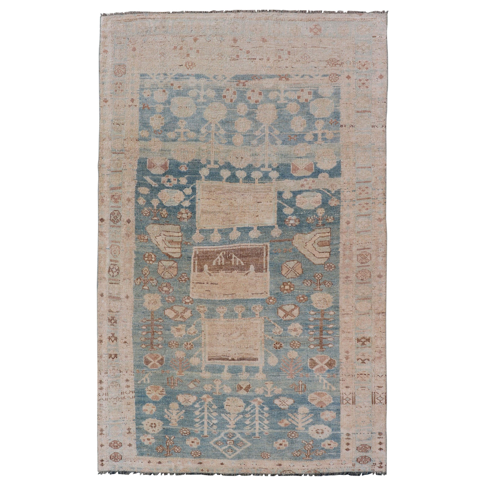 Persian Kurdish Antique Rug with Tribal Design in Light Blue, Teal, and Cream