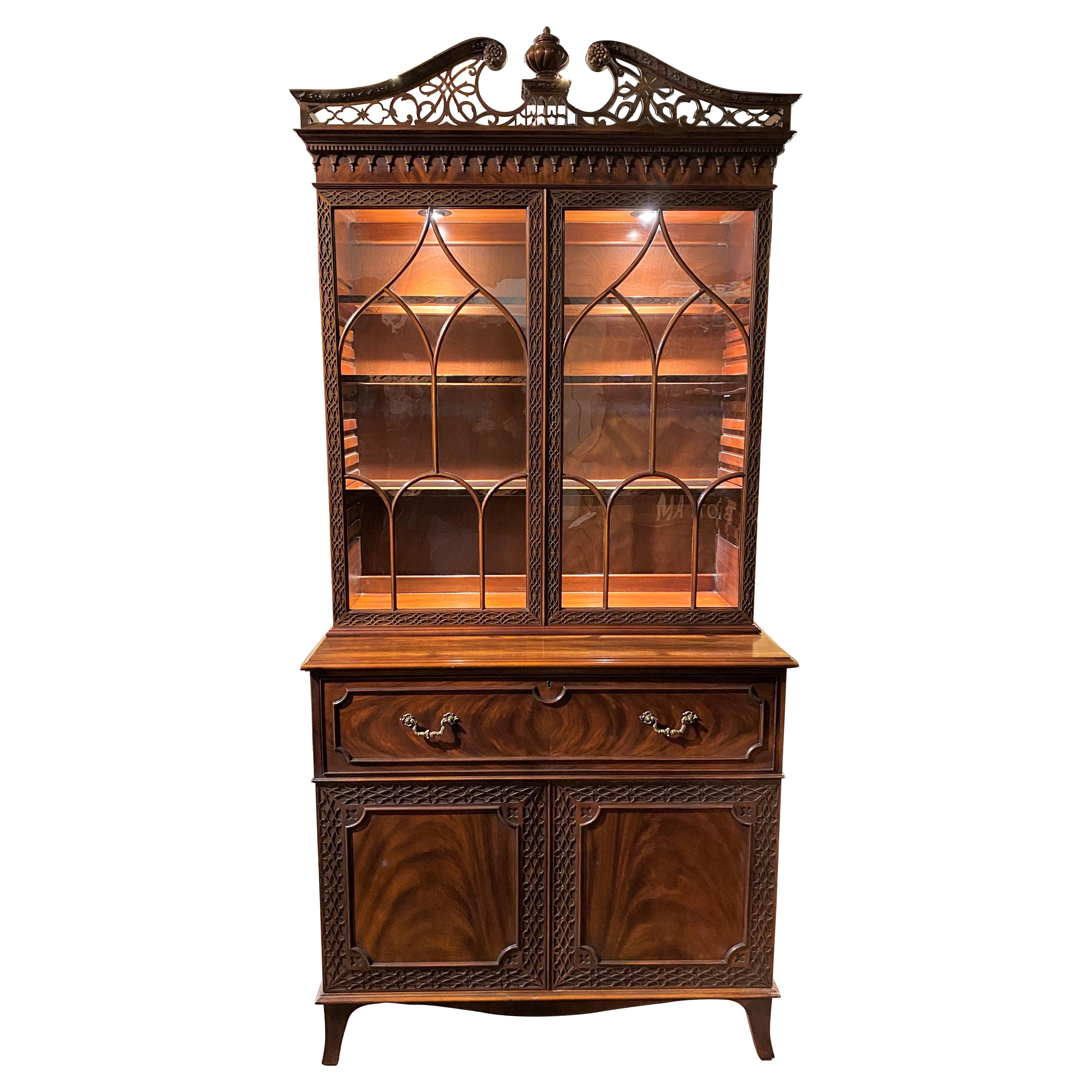 Widdicomb Chinese Chippendale Style Mahogany Display Cabinet with Butler’s Desk