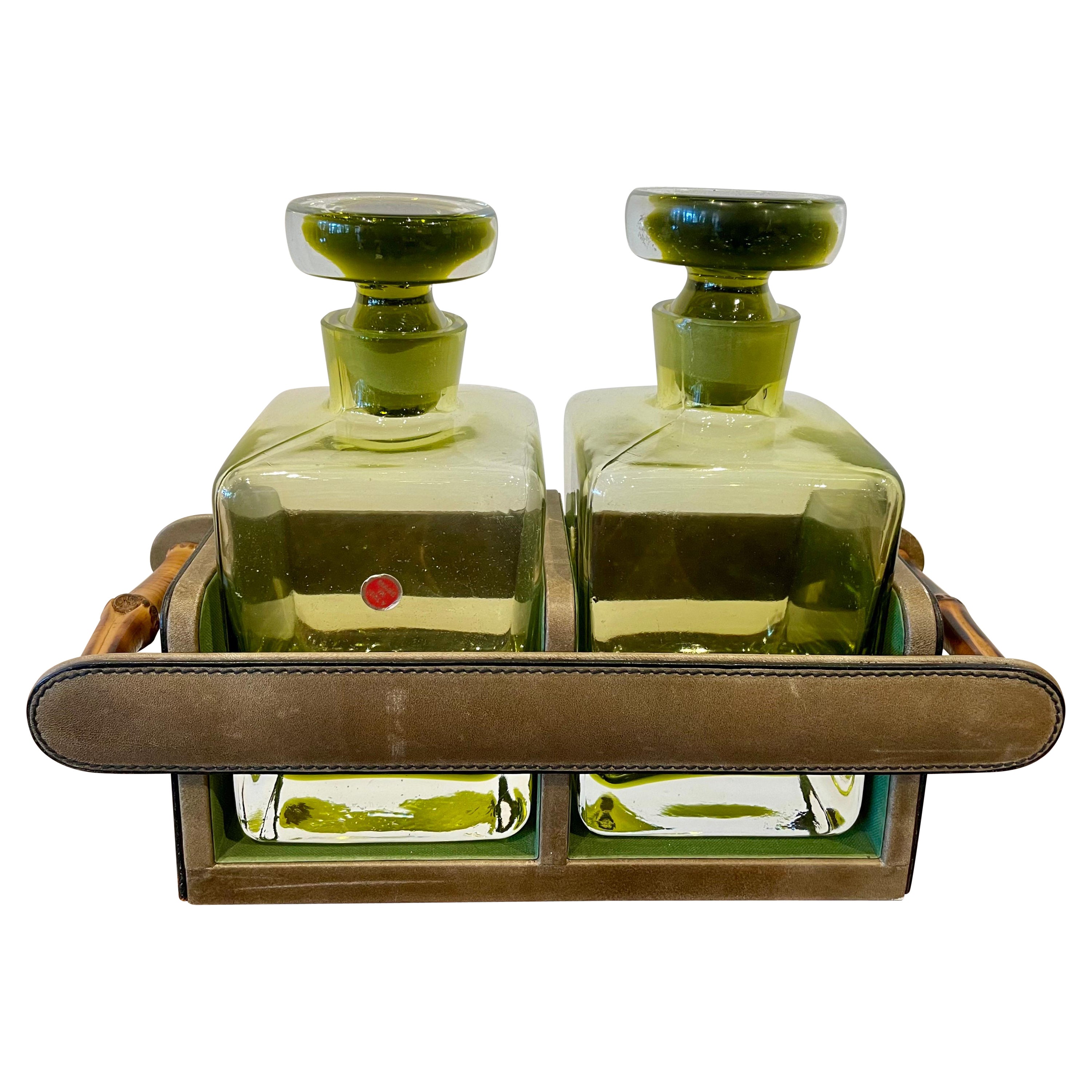 Rare Stitched Leather Holder and Italian Glass Decanter Set For Sale