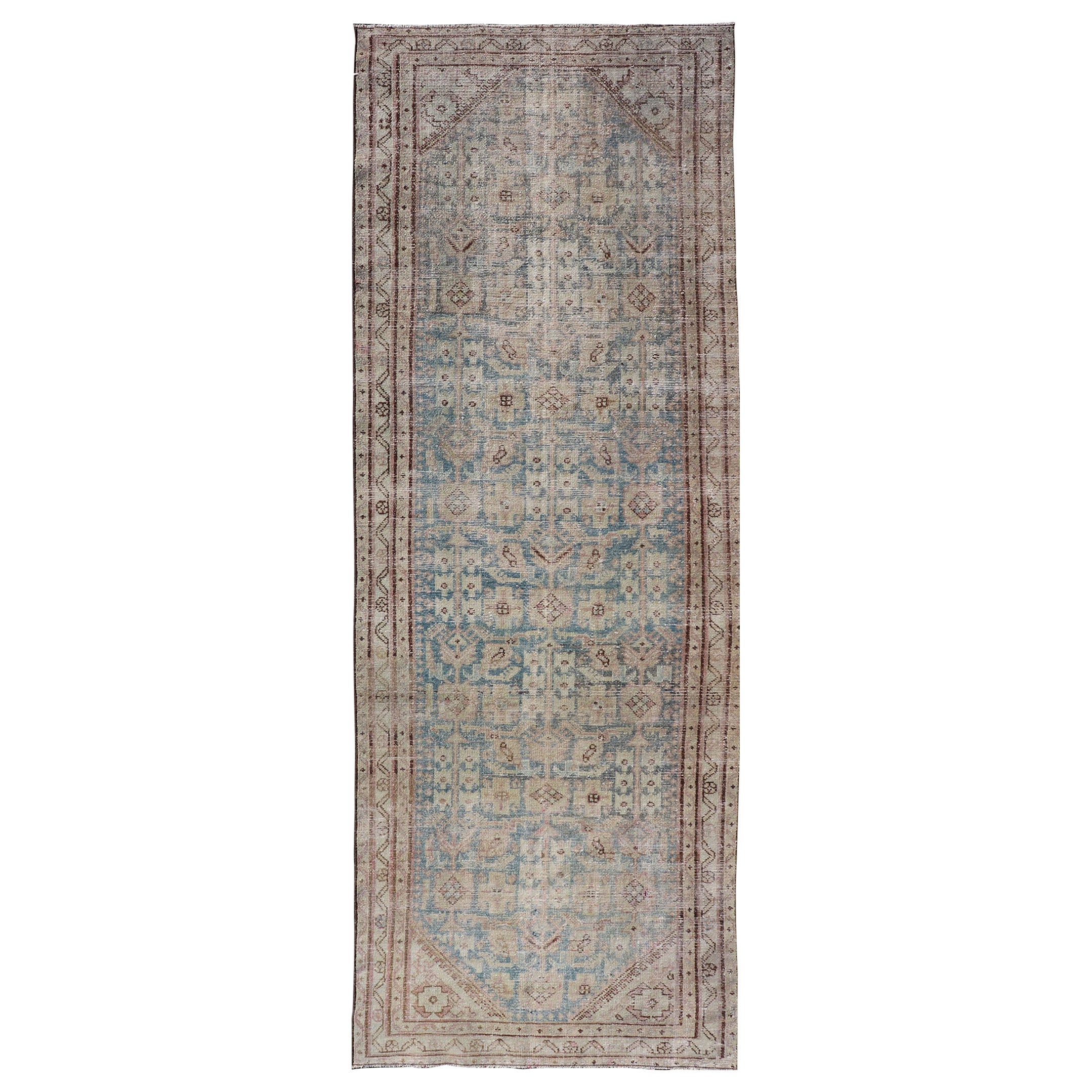 Antique Persian Hamedan Runner with Sub-Geometric Design in Blues and Neutrals  For Sale