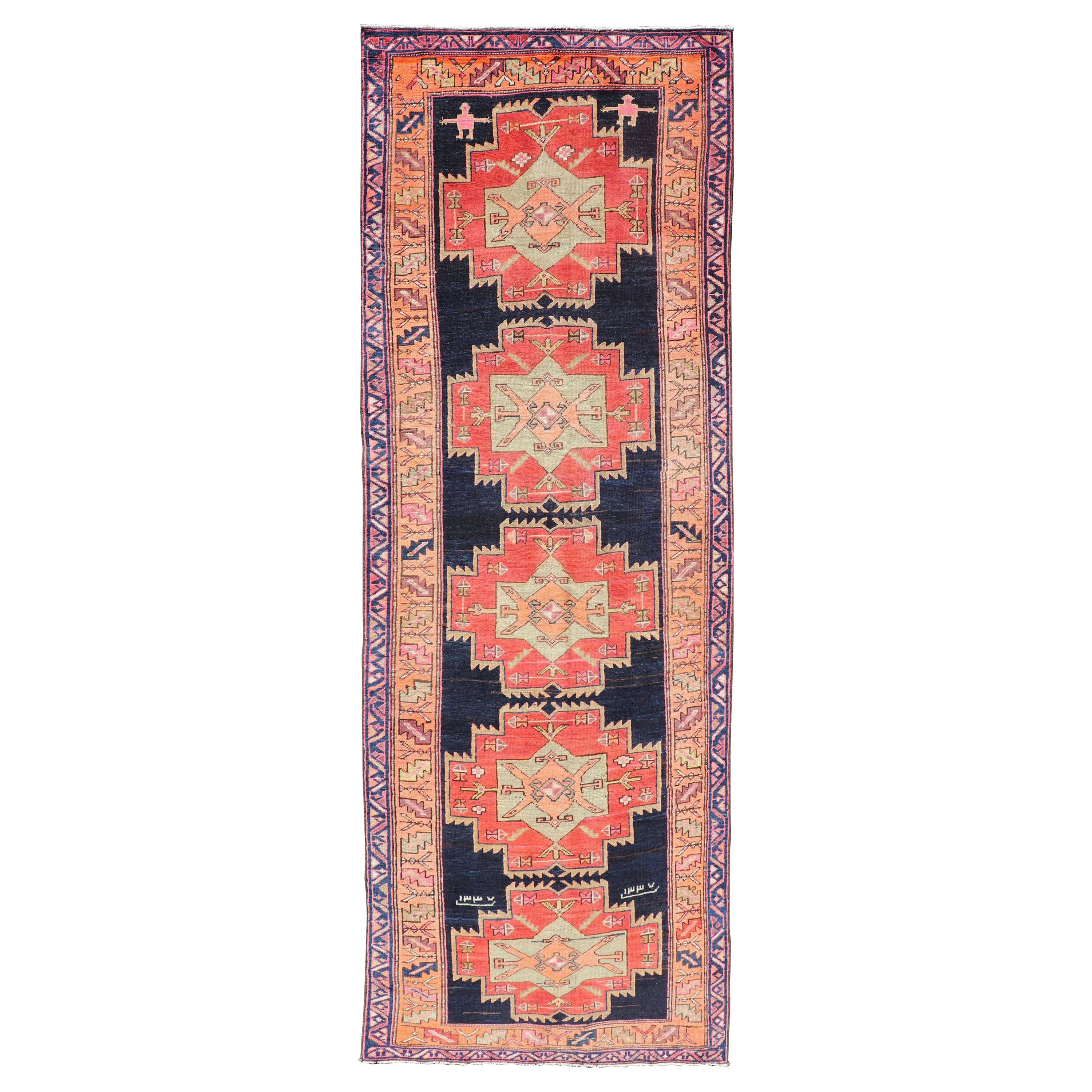 Long Hand-Knotted Antique Persian Azerbaijan Runner in Wool with Medallions