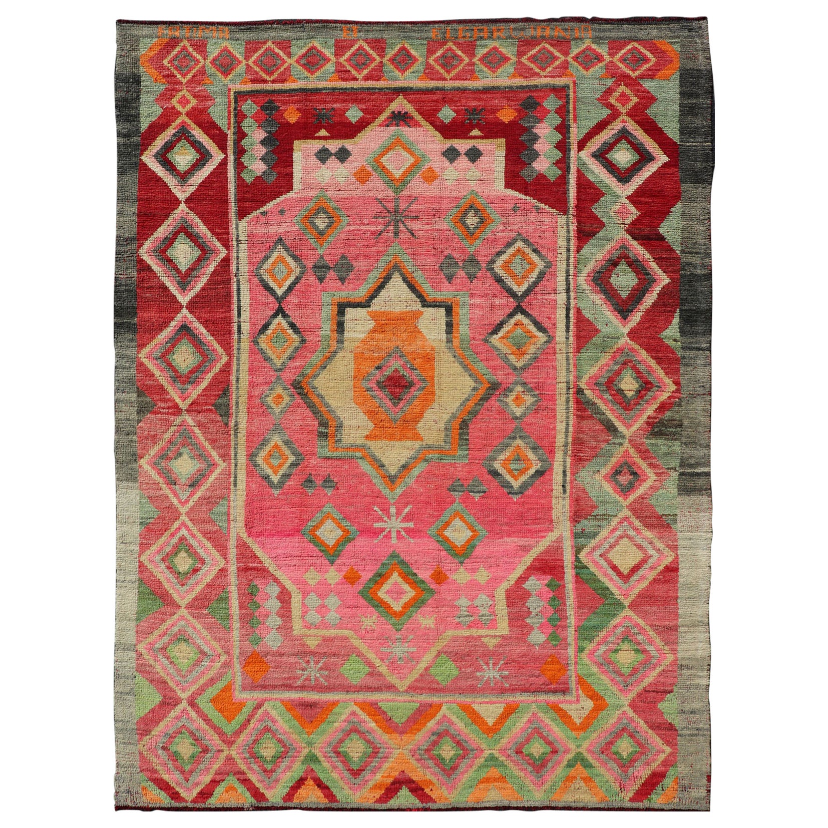 Tribal Design Vintage Moroccan Rug in Orange, Red, Mint Green and Ivory