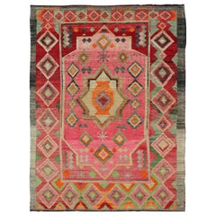 Tribal Medallion Designed Vintage Moroccan Rug in Orange, Red, Green, and Pink