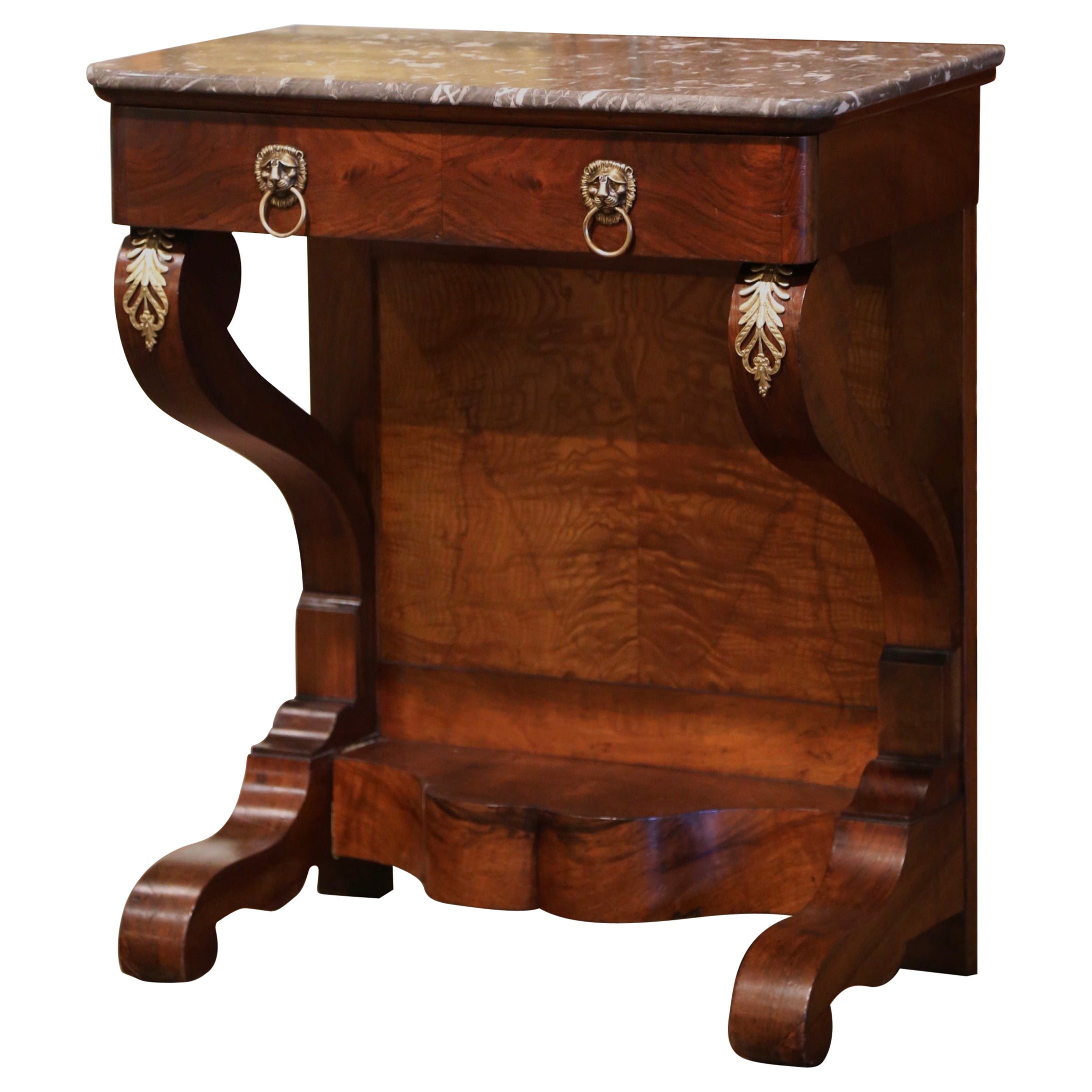 Table console Empire française du 19ème siècle en bois de rose sculpté et plateau en marbre gris