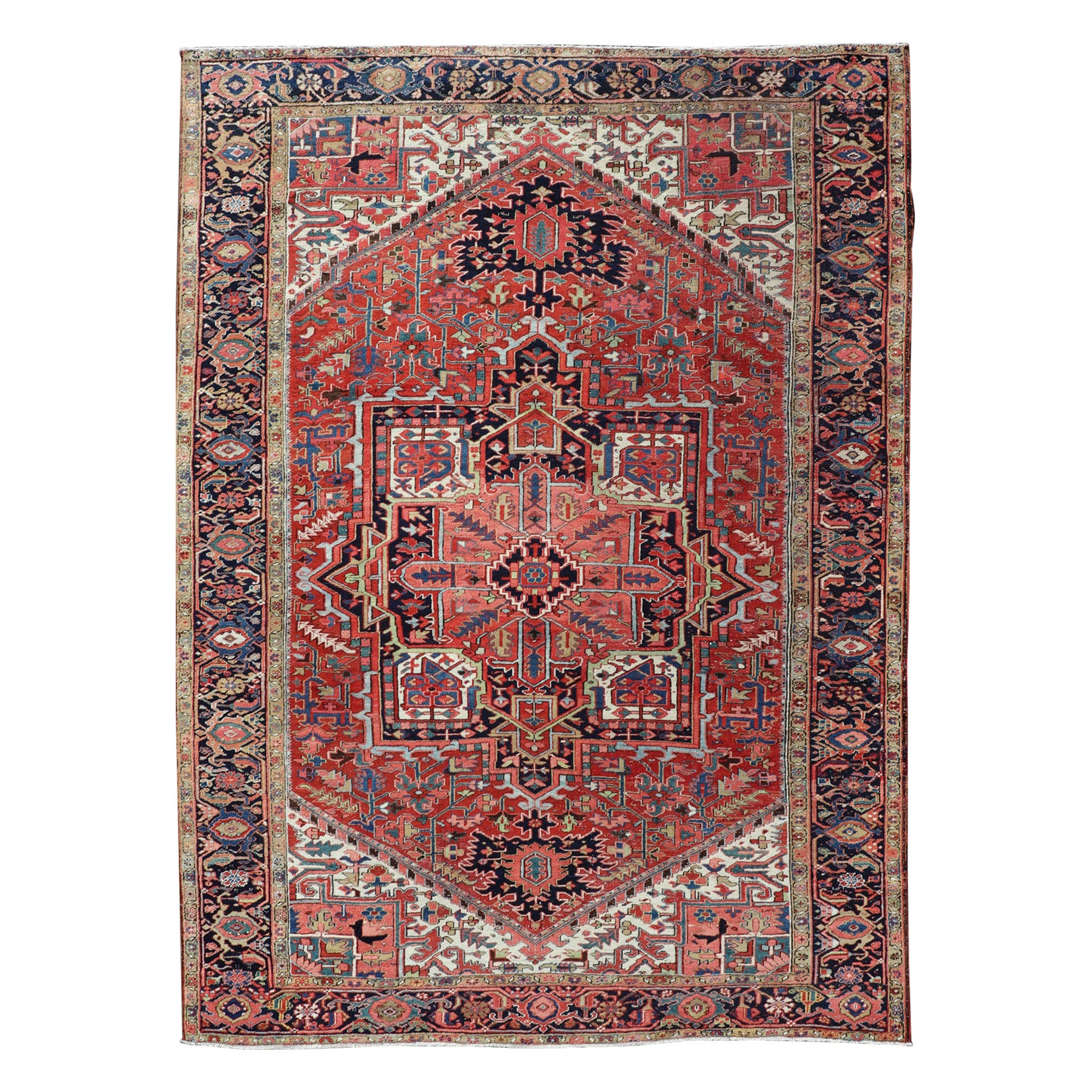 Antique Persian Heriz with Central Medallion Design in Red and Jewel Tones 