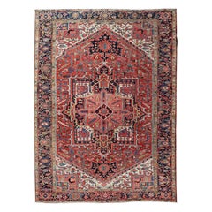 Vintage Persian Heriz with Central Medallion Design in Red and Jewel Tones 