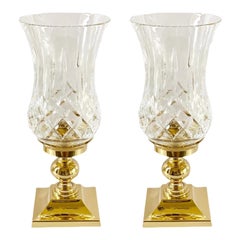 Vintage Waterford Crystal Lismore Brass Base Hurricane Candle Holders, a Pair