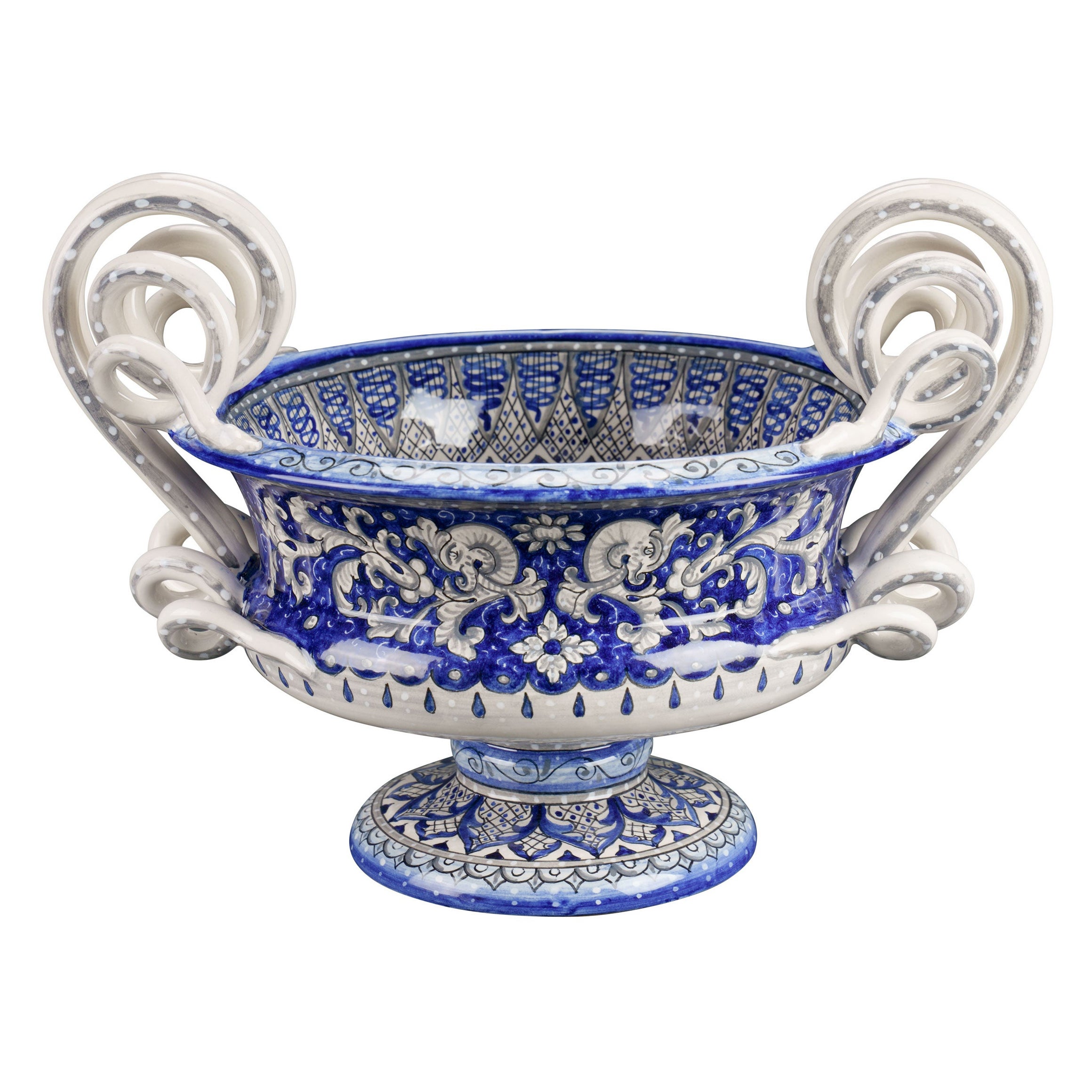 Centerpiece Bowl Riser Decorated Ornament Handles Majolica Blue White Vessel For Sale