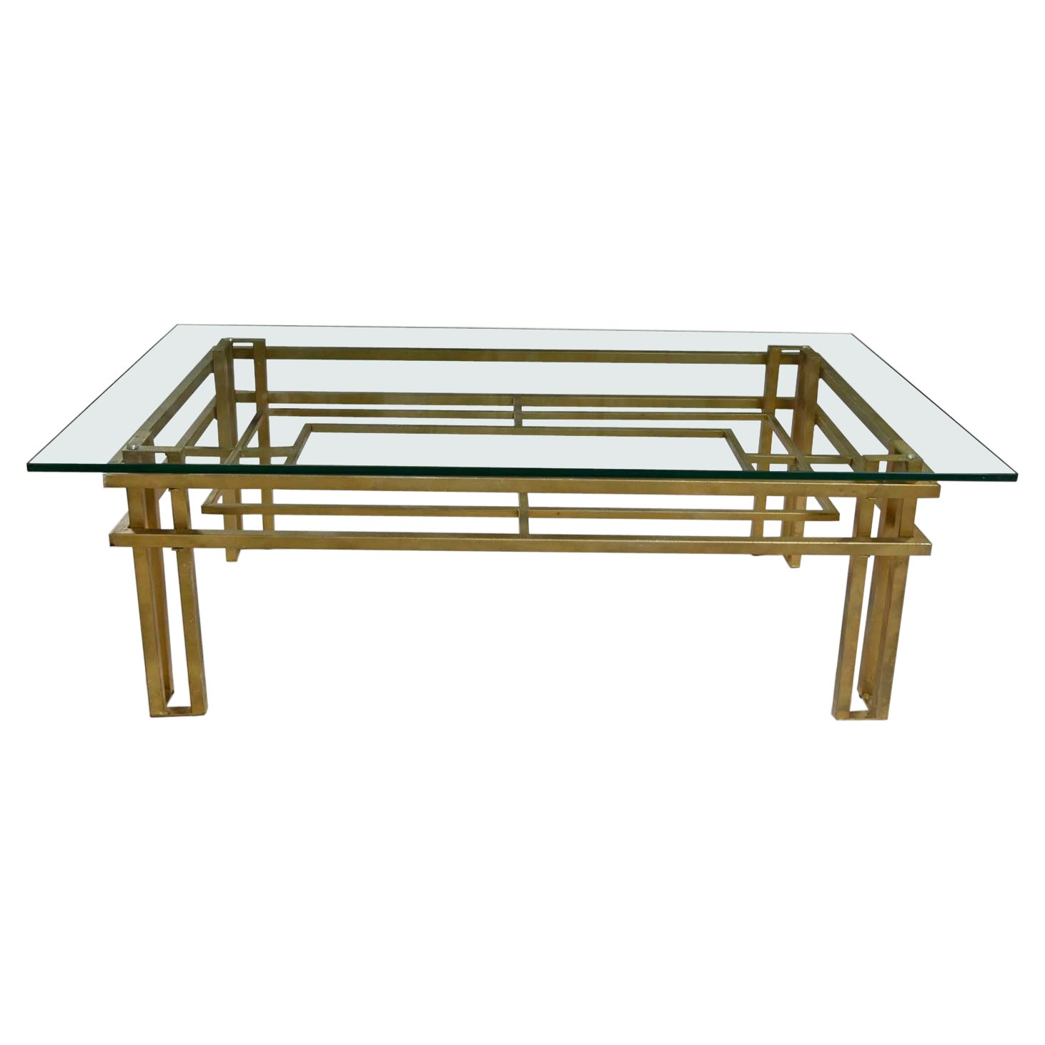 Table basse rectangulaire en tube d'acier doré de style Art Déco avec plateau en verre ou en marbre brun en vente