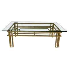 Table basse rectangulaire en tube d'acier doré de style Art Déco avec plateau en verre ou en marbre brun