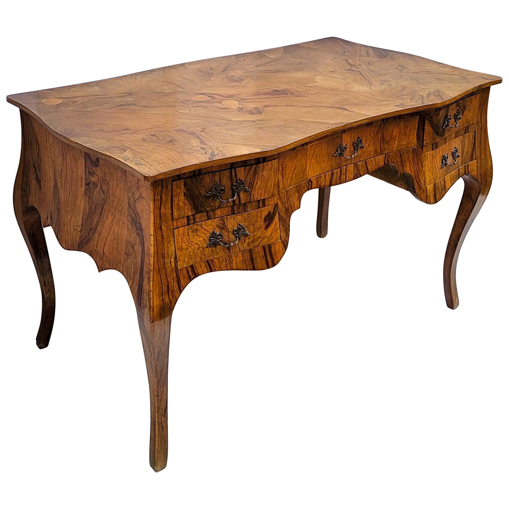 Mid-Century Italian Burl Wood / Olive Wood Louis XV Style Serpentine Desk