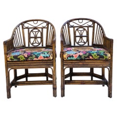 Chippendale Style Bamboo or Rattan Chairs with Asian Tiger Upholstery, Pair