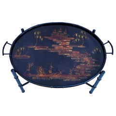 Large Italian Regency Style Faux Bamboo Chinoiserie Tole Tray Coffee Table