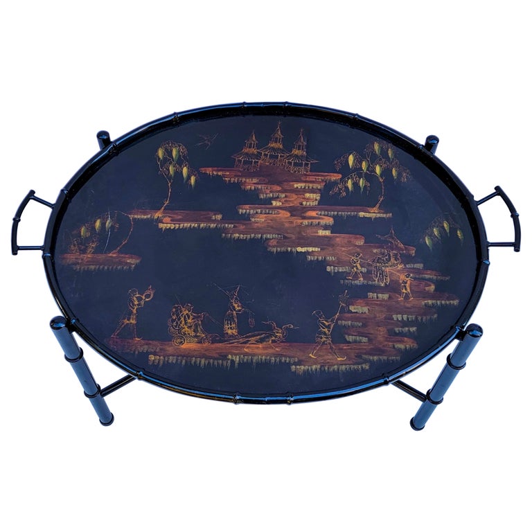 Large Italian Regency Style Faux Bamboo Chinoiserie Tole Tray Coffee Table For Sale