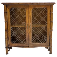 Vintage French Style Faux Bamboo Fruitwood Bookcase Cabinet with Wire Doors