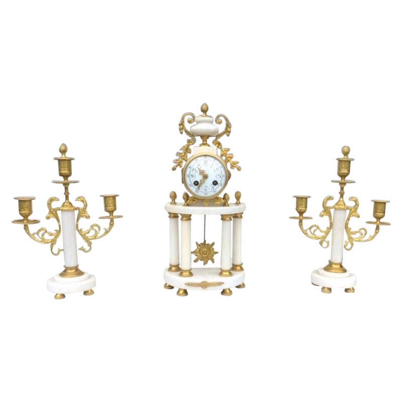 Antique Gilt Bronze Marble Mantel Garniture French Clock Set