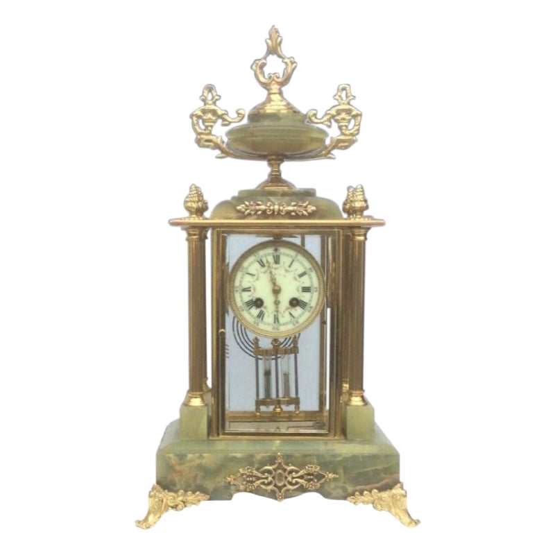 Stunning Four Glass Onyx and Brass Mantel Clock For Sale