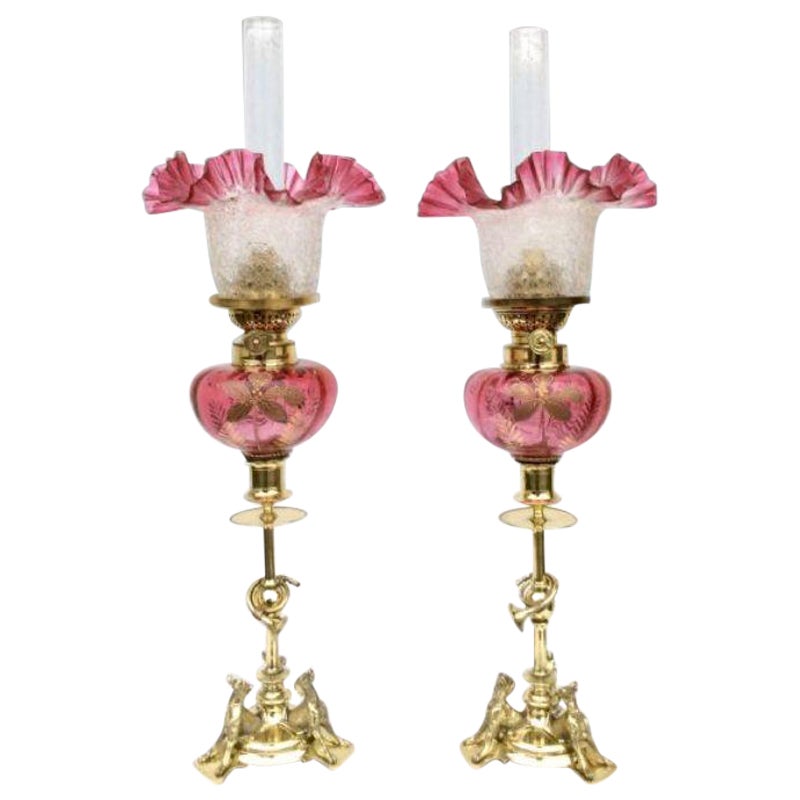 Superb Matching Pair of Original Antique Glass Oil Peg Lamps with Hunting Theme For Sale