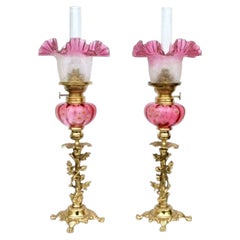 Beautiful Matching Pair of Original Antique Ruby Glass Oil Peg Lamps