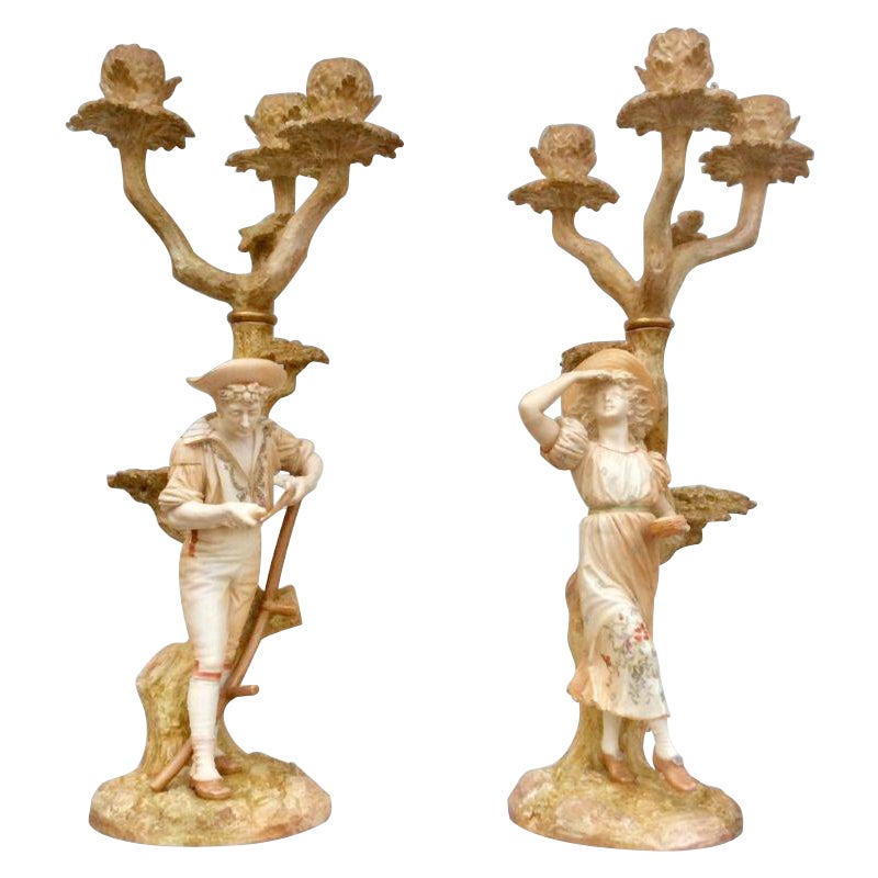 Pair of Antique Royal Worcester Candelabra Signed by James Hadley For Sale
