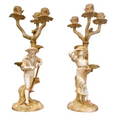 Pair of Antique Royal Worcester Candelabra Signed by James Hadley