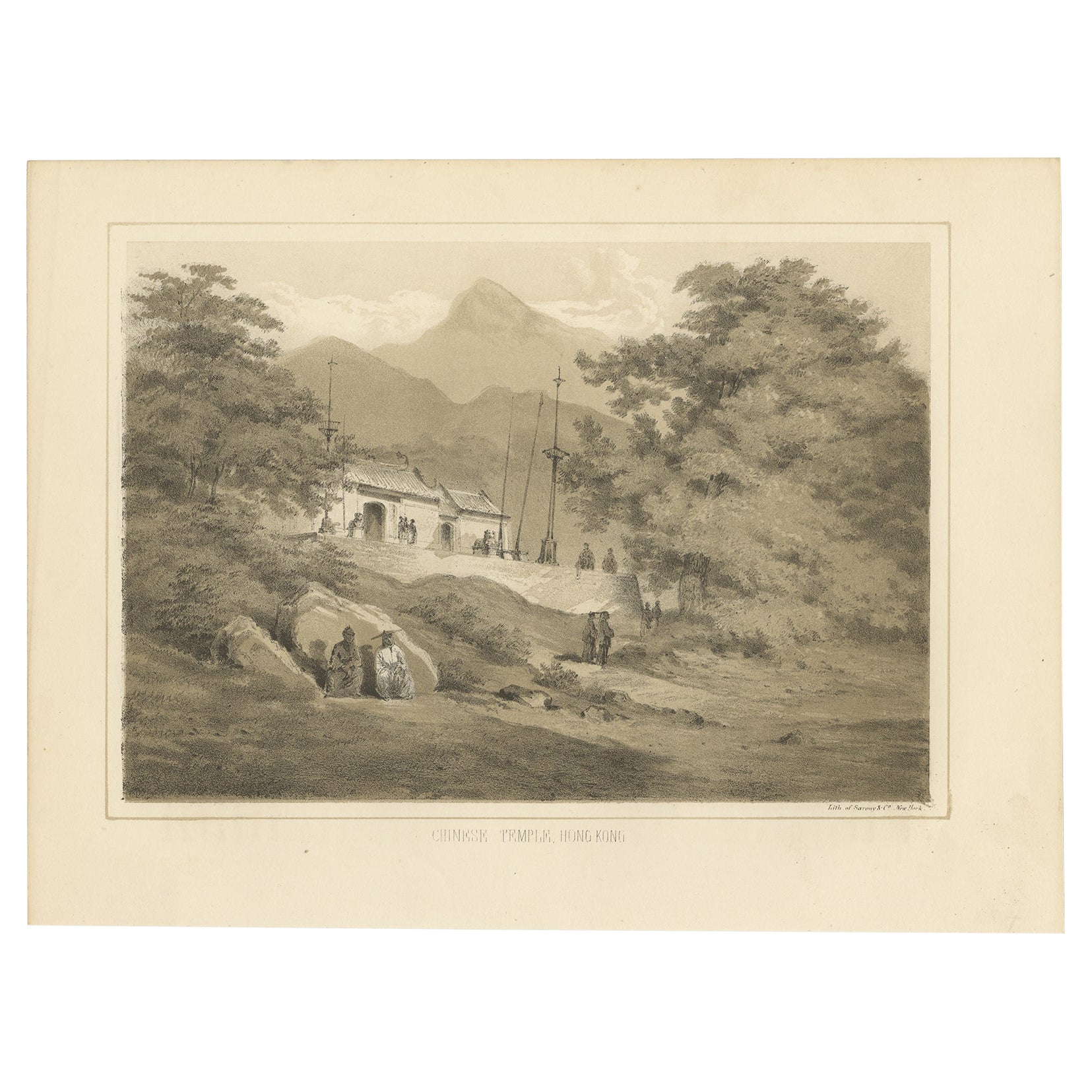 Antiker Druck mit dem Titel „Chinesischer Tempel Hong-Kong“, 1856